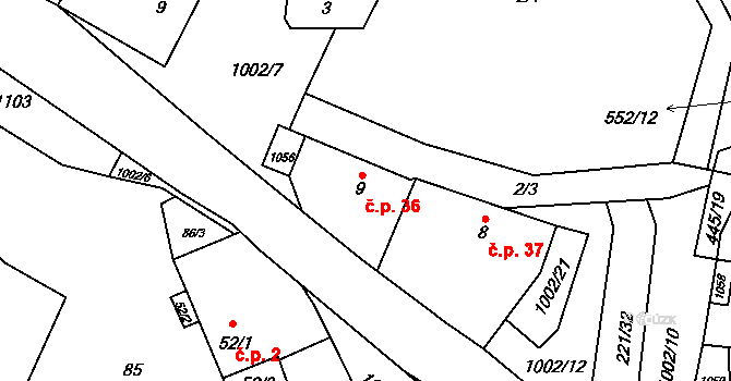 Jestřebí 36, Brtnice na parcele st. 9 v KÚ Jestřebí u Brtnice, Katastrální mapa