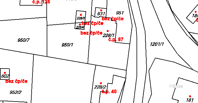 Dolní Sklenov 87, Hukvaldy na parcele st. 228/1 v KÚ Sklenov, Katastrální mapa