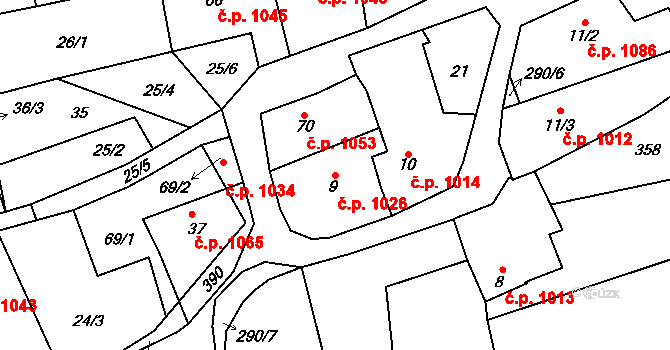 Švermov 1026, Kladno na parcele st. 9 v KÚ Hnidousy, Katastrální mapa