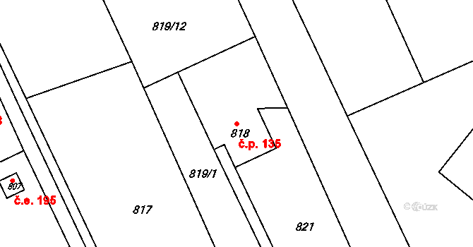 Těchov 135, Blansko na parcele st. 818 v KÚ Těchov, Katastrální mapa