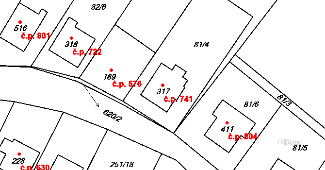 Chvalčov 741 na parcele st. 317 v KÚ Chvalčova Lhota, Katastrální mapa