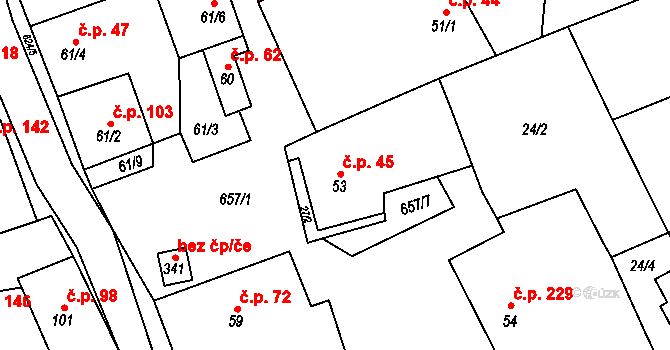 Čížkovice 45 na parcele st. 53 v KÚ Čížkovice, Katastrální mapa