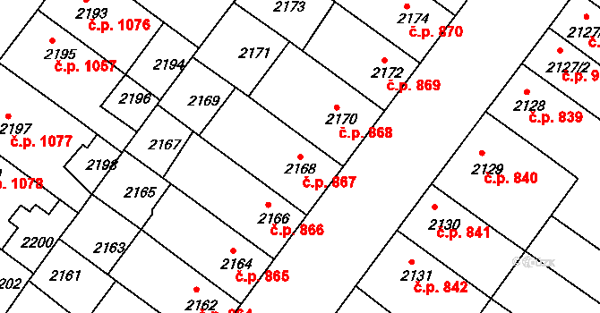 Roudnice nad Labem 867 na parcele st. 2168 v KÚ Roudnice nad Labem, Katastrální mapa