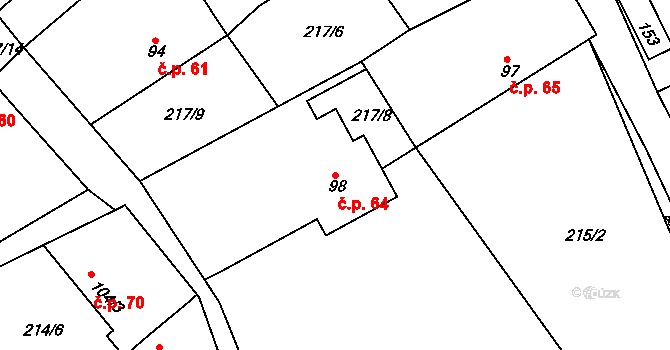 Libošovice 64 na parcele st. 98 v KÚ Libošovice, Katastrální mapa