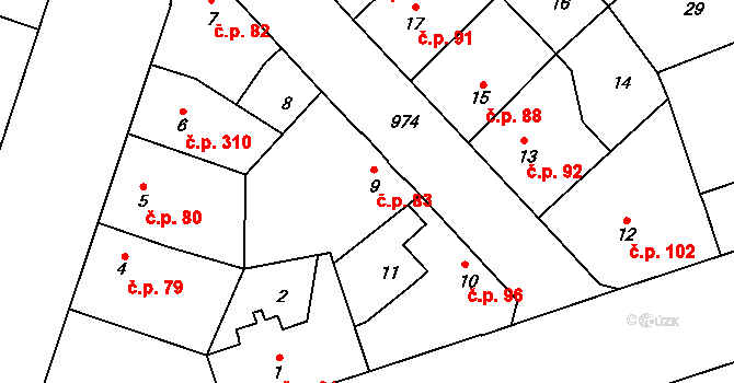 Satalice 83, Praha na parcele st. 9 v KÚ Satalice, Katastrální mapa