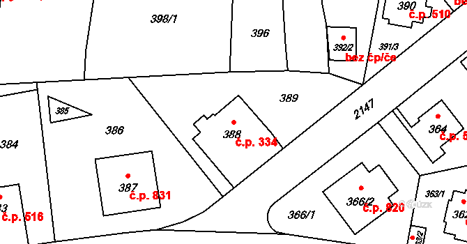 Ruzyně 334, Praha na parcele st. 388 v KÚ Ruzyně, Katastrální mapa