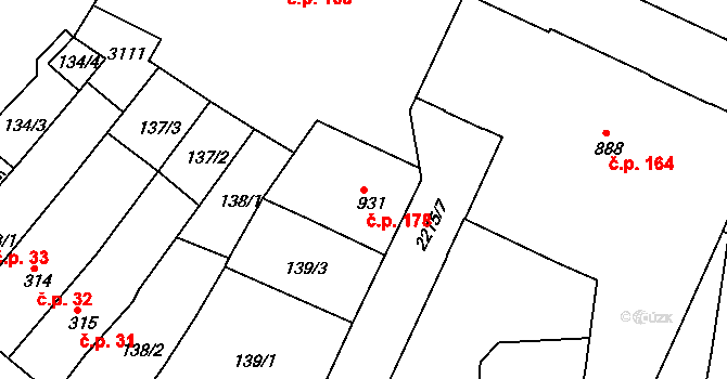 Střední Předměstí 178, Trutnov na parcele st. 931 v KÚ Trutnov, Katastrální mapa