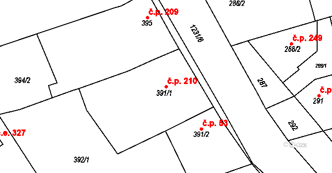 Slavonín 210, Olomouc na parcele st. 391/1 v KÚ Slavonín, Katastrální mapa