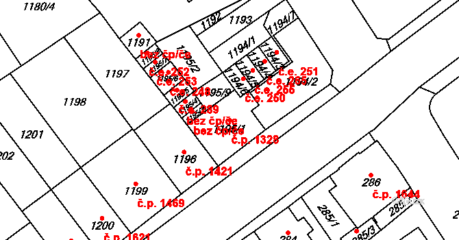 Chomutov 1328 na parcele st. 1195/1 v KÚ Chomutov I, Katastrální mapa
