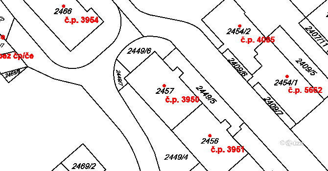 Chomutov 3950 na parcele st. 2457 v KÚ Chomutov I, Katastrální mapa