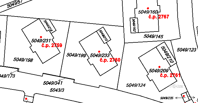 Líšeň 2760, Brno na parcele st. 5049/233 v KÚ Líšeň, Katastrální mapa