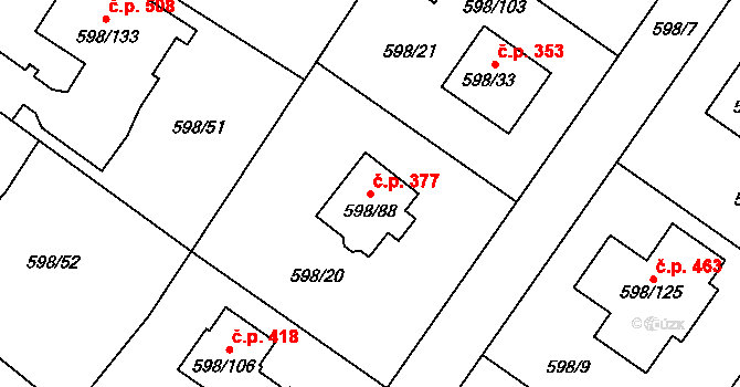 Chotíkov 377 na parcele st. 598/88 v KÚ Chotíkov, Katastrální mapa