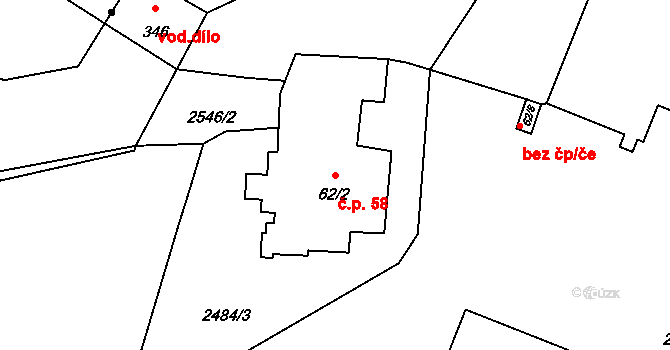 Kožichovice 58 na parcele st. 62/2 v KÚ Kožichovice, Katastrální mapa