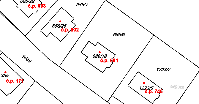Krmelín 601 na parcele st. 686/18 v KÚ Krmelín, Katastrální mapa