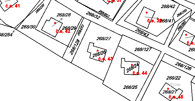 Tušimice 43, Kadaň na parcele st. 268/26 v KÚ Tušimice, Katastrální mapa