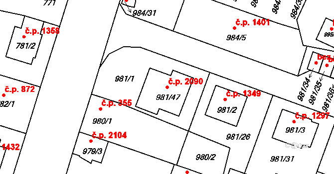 Benešov 2090 na parcele st. 981/47 v KÚ Benešov u Prahy, Katastrální mapa