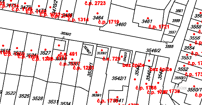 Líšeň 729, Brno na parcele st. 3539/2 v KÚ Líšeň, Katastrální mapa