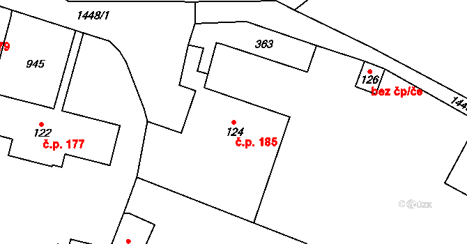 Karlštejn 185 na parcele st. 124 v KÚ Poučník, Katastrální mapa