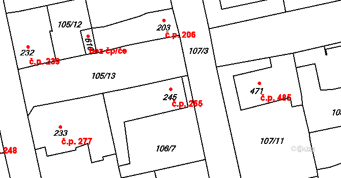 Rudná 255 na parcele st. 245 v KÚ Dušníky u Rudné, Katastrální mapa