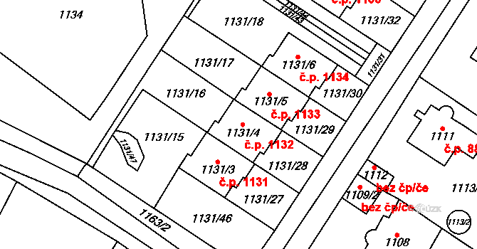 Černošice 1132 na parcele st. 1131/4 v KÚ Černošice, Katastrální mapa