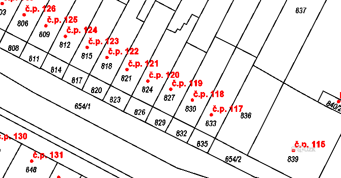 Rychlov 119, Bystřice pod Hostýnem na parcele st. 827 v KÚ Rychlov u Bystřice pod Hostýnem, Katastrální mapa