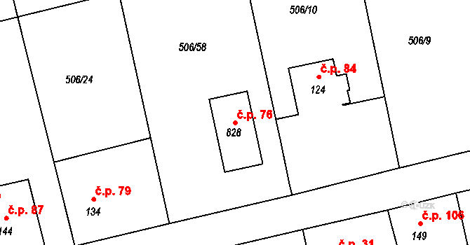 Sluštice 76 na parcele st. 828 v KÚ Sluštice, Katastrální mapa