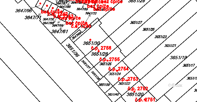 Znojmo 2755 na parcele st. 3651/28 v KÚ Znojmo-město, Katastrální mapa