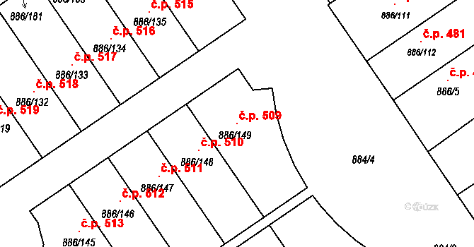 Holubice 509 na parcele st. 886/149 v KÚ Holubice, Katastrální mapa