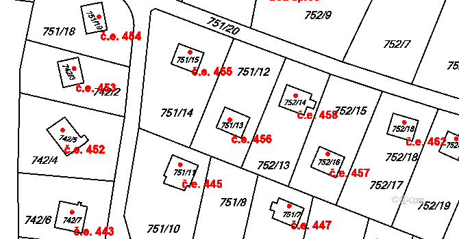 Nebovidy 456 na parcele st. 751/13 v KÚ Nebovidy u Brna, Katastrální mapa