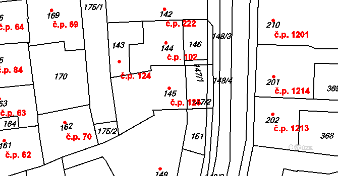 Švermov 125, Kladno na parcele st. 145 v KÚ Motyčín, Katastrální mapa
