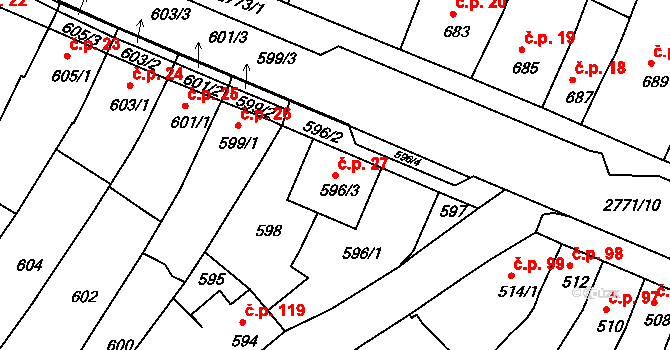 Dačice IV 27, Dačice na parcele st. 596/3 v KÚ Dačice, Katastrální mapa