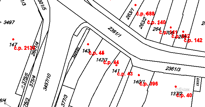 Hořice 44 na parcele st. 142/1 v KÚ Hořice v Podkrkonoší, Katastrální mapa