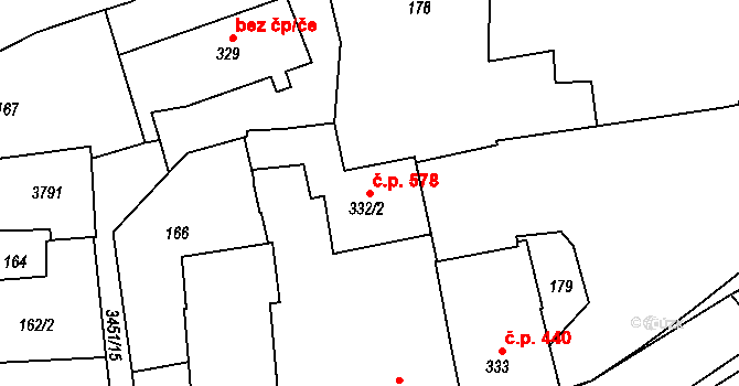 Lysá nad Labem 578 na parcele st. 332/2 v KÚ Lysá nad Labem, Katastrální mapa