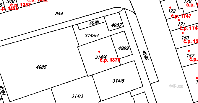 Královo Pole 1376, Brno na parcele st. 314/4 v KÚ Královo Pole, Katastrální mapa