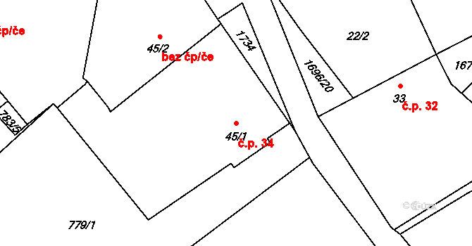 Petrovice 34, Mladošovice na parcele st. 45/1 v KÚ Petrovice u Borovan, Katastrální mapa