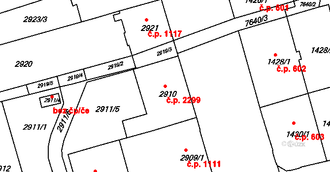Frýdek 2299, Frýdek-Místek na parcele st. 2910 v KÚ Frýdek, Katastrální mapa