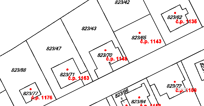 Radotín 1148, Praha na parcele st. 823/70 v KÚ Radotín, Katastrální mapa
