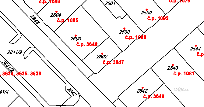 Chomutov 3647 na parcele st. 2602 v KÚ Chomutov I, Katastrální mapa