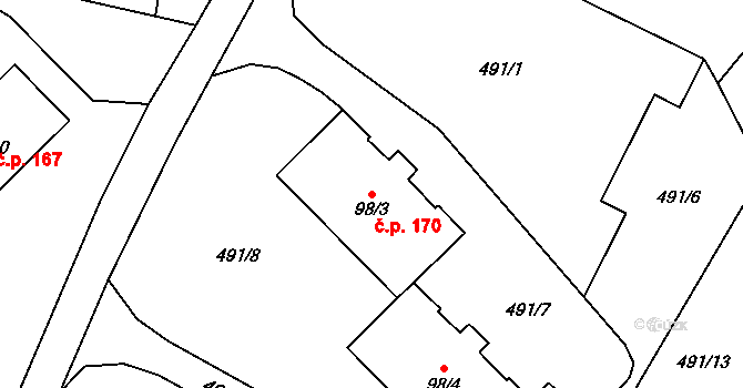 Kunratice 170 na parcele st. 98/3 v KÚ Kunratice u Frýdlantu, Katastrální mapa