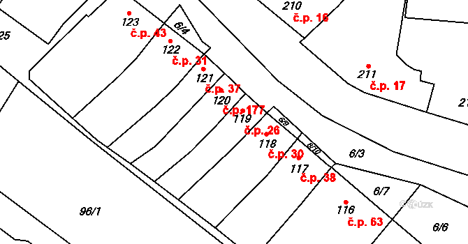 Padochov 26, Oslavany na parcele st. 119 v KÚ Padochov, Katastrální mapa