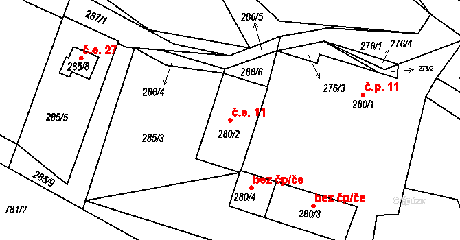 Háje 11 na parcele st. 280/2 v KÚ Háje u Příbramě, Katastrální mapa