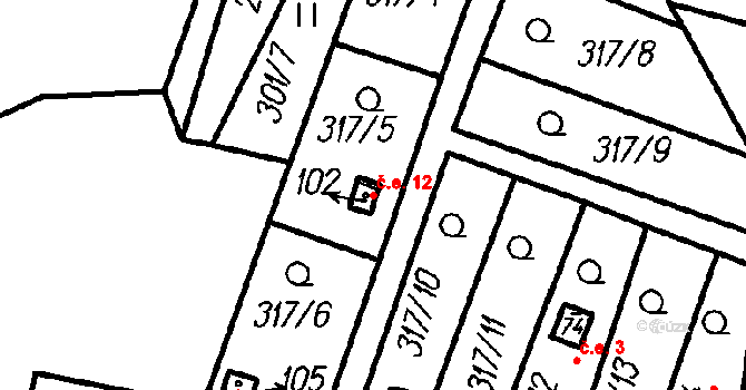 Radinovy 12, Vrhaveč na parcele st. 102 v KÚ Radinovy, Katastrální mapa