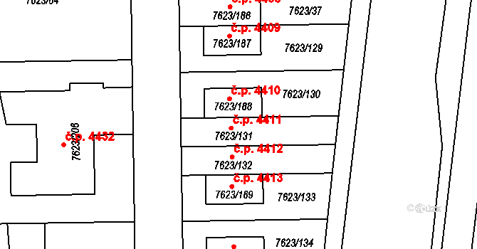 Židenice 4411, Brno na parcele st. 7623/131 v KÚ Židenice, Katastrální mapa