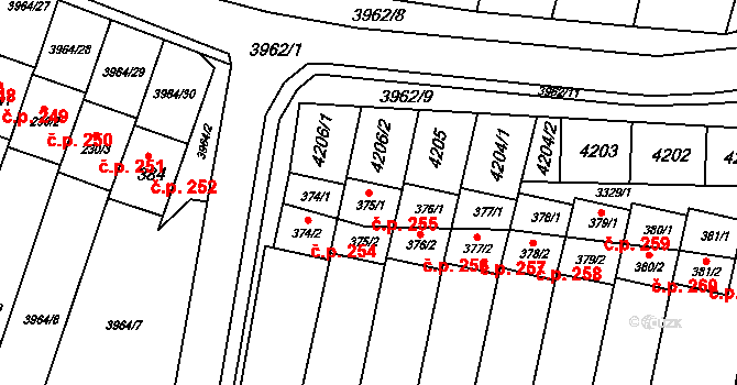 Mašťov 255 na parcele st. 375/1 v KÚ Mašťov, Katastrální mapa