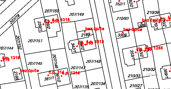 Sezimovo Ústí 1313 na parcele st. 342/2 v KÚ Sezimovo Ústí, Katastrální mapa