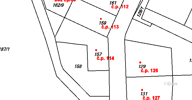 Koněšín 114 na parcele st. 157 v KÚ Koněšín, Katastrální mapa
