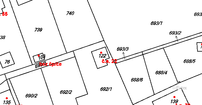 Skrýšov 22, Pelhřimov na parcele st. 122 v KÚ Skrýšov u Pelhřimova, Katastrální mapa