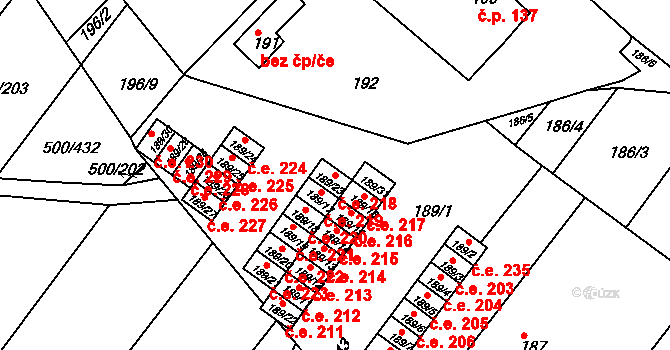 Nebovidy 218 na parcele st. 189/23 v KÚ Nebovidy u Brna, Katastrální mapa