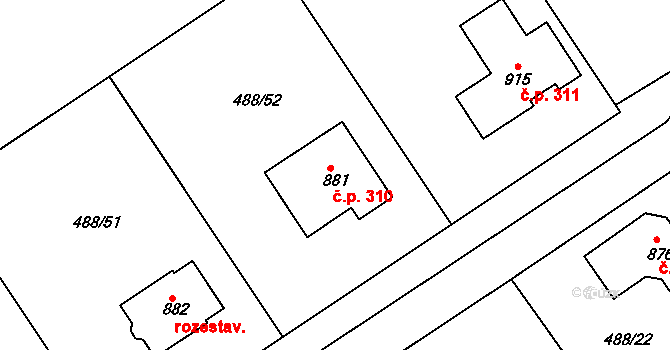 Prachovice 310 na parcele st. 881 v KÚ Prachovice, Katastrální mapa