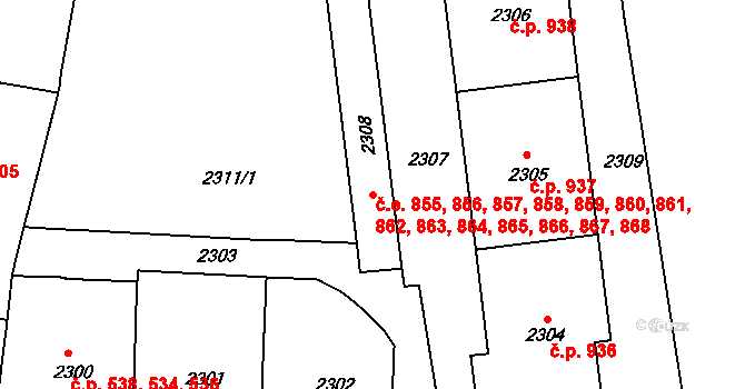 Černá Pole 855,856,857,858,859,, Brno na parcele st. 2308 v KÚ Černá Pole, Katastrální mapa